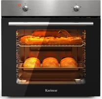 Karinear Einbaubackofen 60 cm mit Drehknopfsteuerung, 65L Backofen Einbaugerät 60 x 60 cm mit 4 Programmen, 50-250 °C mit Edelstahlplatte, Einbauofen mit Stecker, 2200W